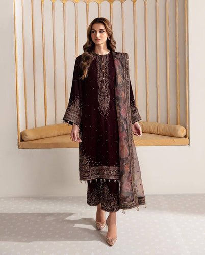 Maroon Premium Designer Party Wear Viscose Velvet Top, Plazzo & Dupatta Set – Elegant Festive Look Clothsvilla