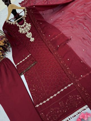 Maroon Premium Designer Ready-Made Party Wear Top, Plazzo & Dupatta Set ClothsVilla