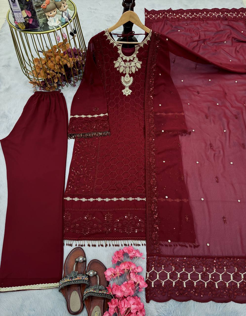 Maroon Premium Designer Ready-Made Party Wear Top, Plazzo & Dupatta Set ClothsVilla