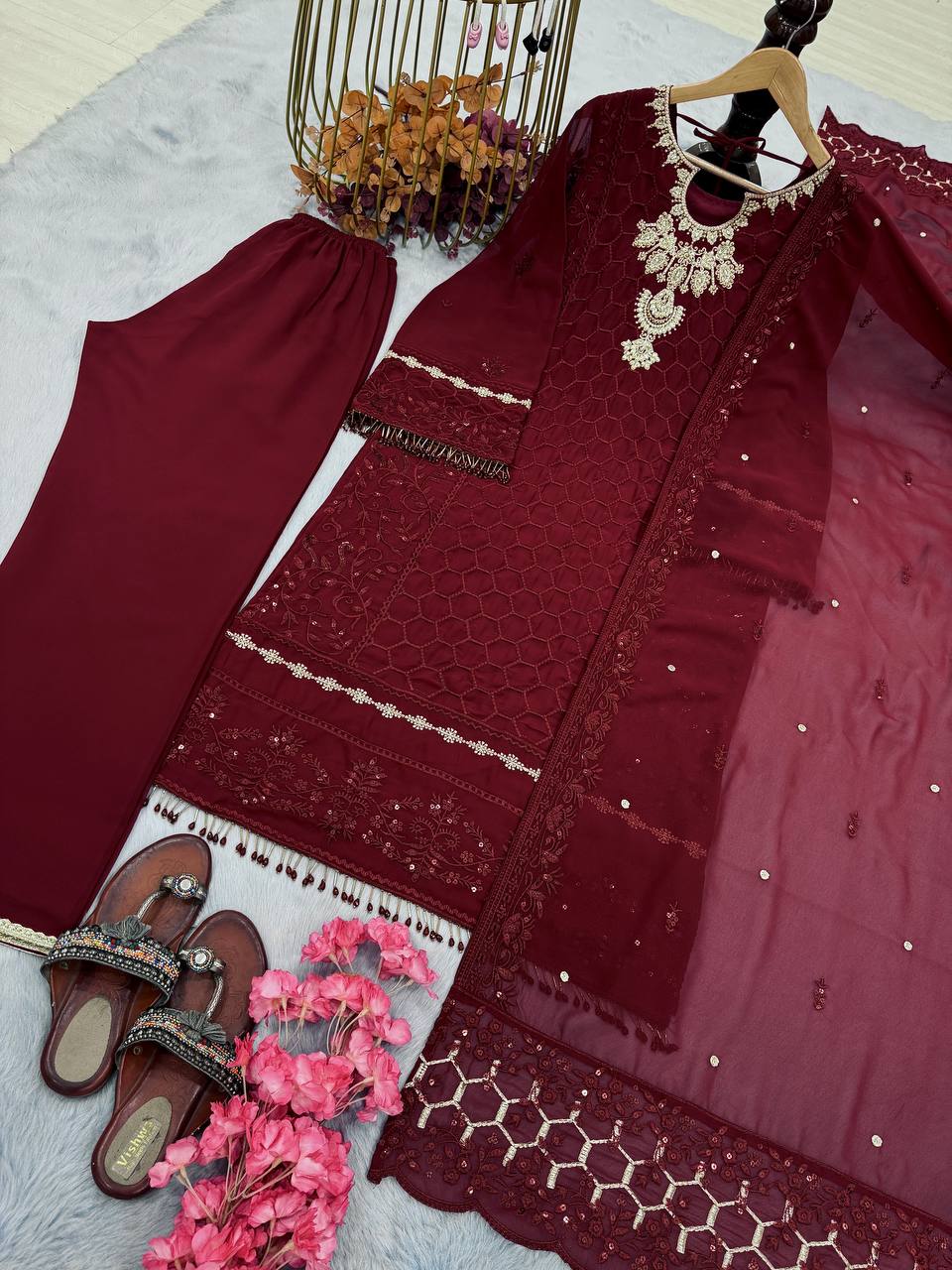 Maroon Premium Designer Ready-Made Party Wear Top, Plazzo & Dupatta Set ClothsVilla