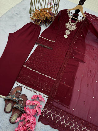Maroon Premium Designer Ready-Made Party Wear Top, Plazzo & Dupatta Set ClothsVilla