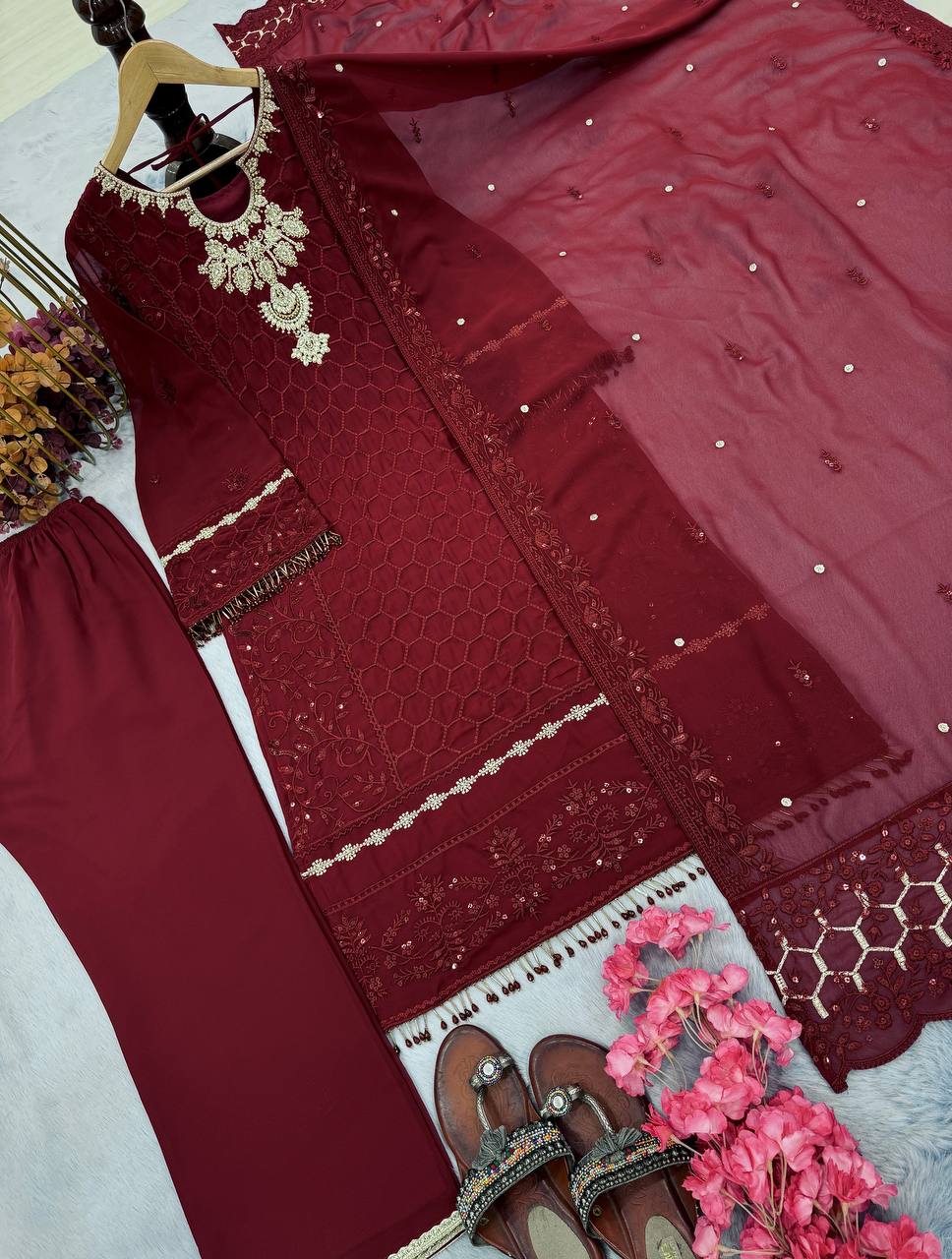 Maroon Premium Designer Ready-Made Party Wear Top, Plazzo & Dupatta Set ClothsVilla