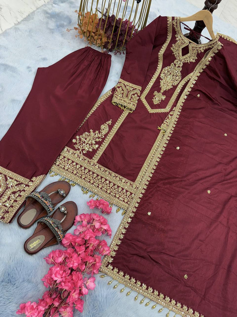 Maroon Premium Designer Ready-to-Wear Top, Plazzo & Dupatta Set Clothsvilla