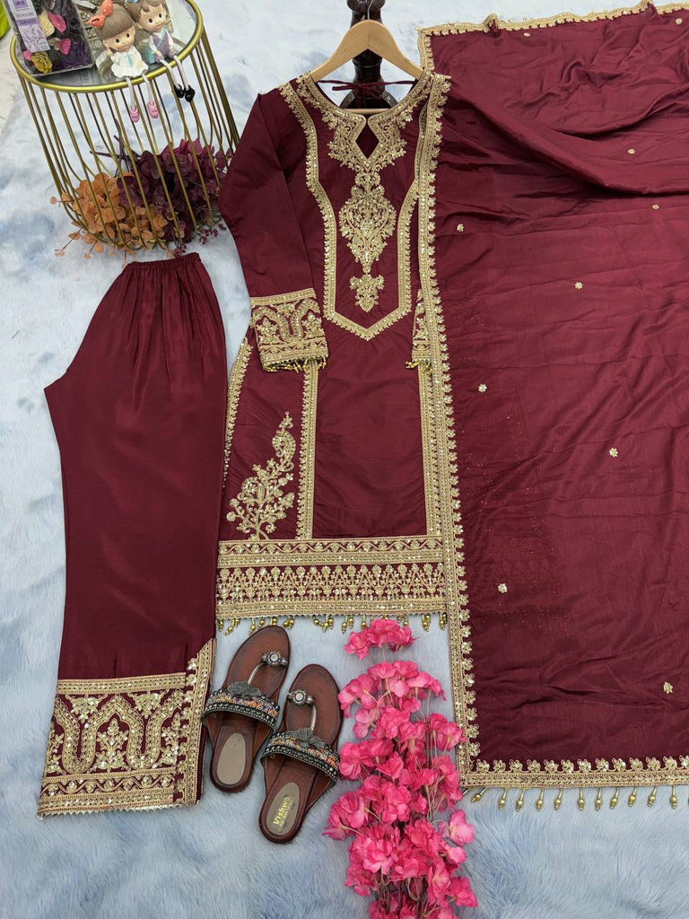 Maroon Premium Designer Ready-to-Wear Top, Plazzo & Dupatta Set Clothsvilla