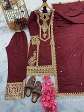 Load image into Gallery viewer, Maroon Premium Designer Ready-to-Wear Top, Plazzo &amp; Dupatta Set Clothsvilla