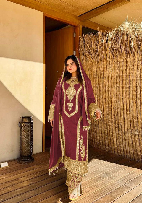 Maroon Premium Designer Ready-to-Wear Top, Plazzo & Dupatta Set Clothsvilla Main image