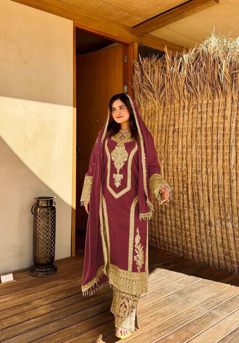 Maroon Premium Designer Ready-to-Wear Top, Plazzo & Dupatta Set Clothsvilla Main image