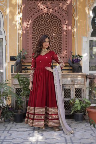 Maroon Premium Designer Readymade Gown with Dupatta – Elegant Embroidery Zari & Sequins Work