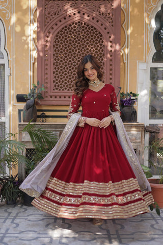 Maroon Premium Designer Readymade Gown with Dupatta – Elegant Embroidery Zari & Sequins Work