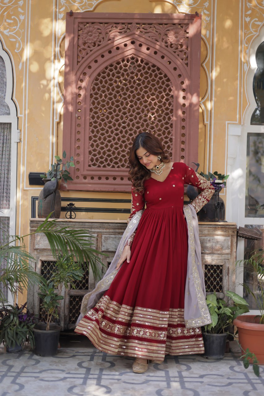 Maroon Premium Designer Readymade Gown with Dupatta – Elegant Embroidery Zari & Sequins Work