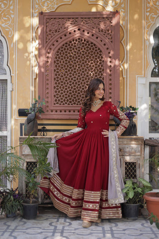 Maroon Premium Designer Readymade Gown with Dupatta – Elegant Embroidery Zari & Sequins Work