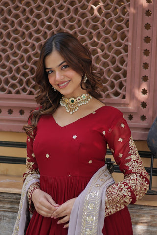 Maroon Premium Designer Readymade Gown with Dupatta – Elegant Embroidery Zari & Sequins Work