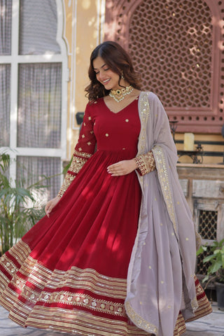 Maroon Premium Designer Readymade Gown with Dupatta – Elegant Embroidery Zari & Sequins Work