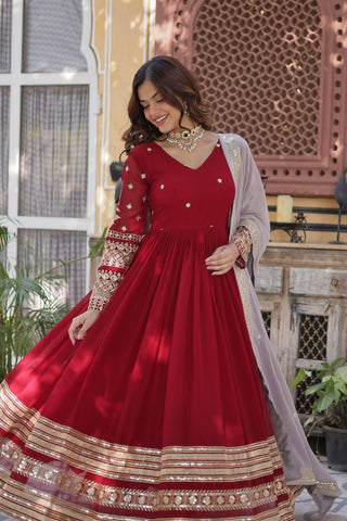 Maroon Premium Designer Readymade Gown with Dupatta – Elegant Embroidery Zari & Sequins Work