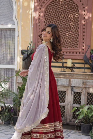 Maroon Premium Designer Readymade Gown with Dupatta – Elegant Embroidery Zari & Sequins Work