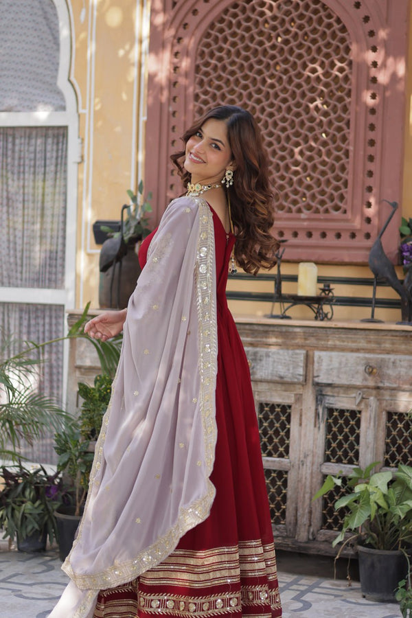 Maroon Premium Designer Readymade Gown with Dupatta – Elegant Embroidery Zari & Sequins Work