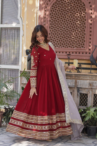 Maroon Premium Designer Readymade Gown with Dupatta – Elegant Embroidery Zari & Sequins Work