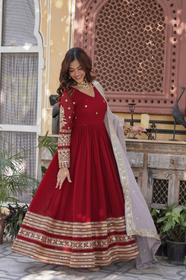 Maroon Premium Designer Readymade Gown with Dupatta – Elegant Embroidery Zari & Sequins Work