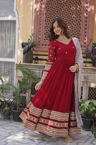 Maroon Premium Designer Readymade Gown with Dupatta – Elegant Embroidery Zari & Sequins Work