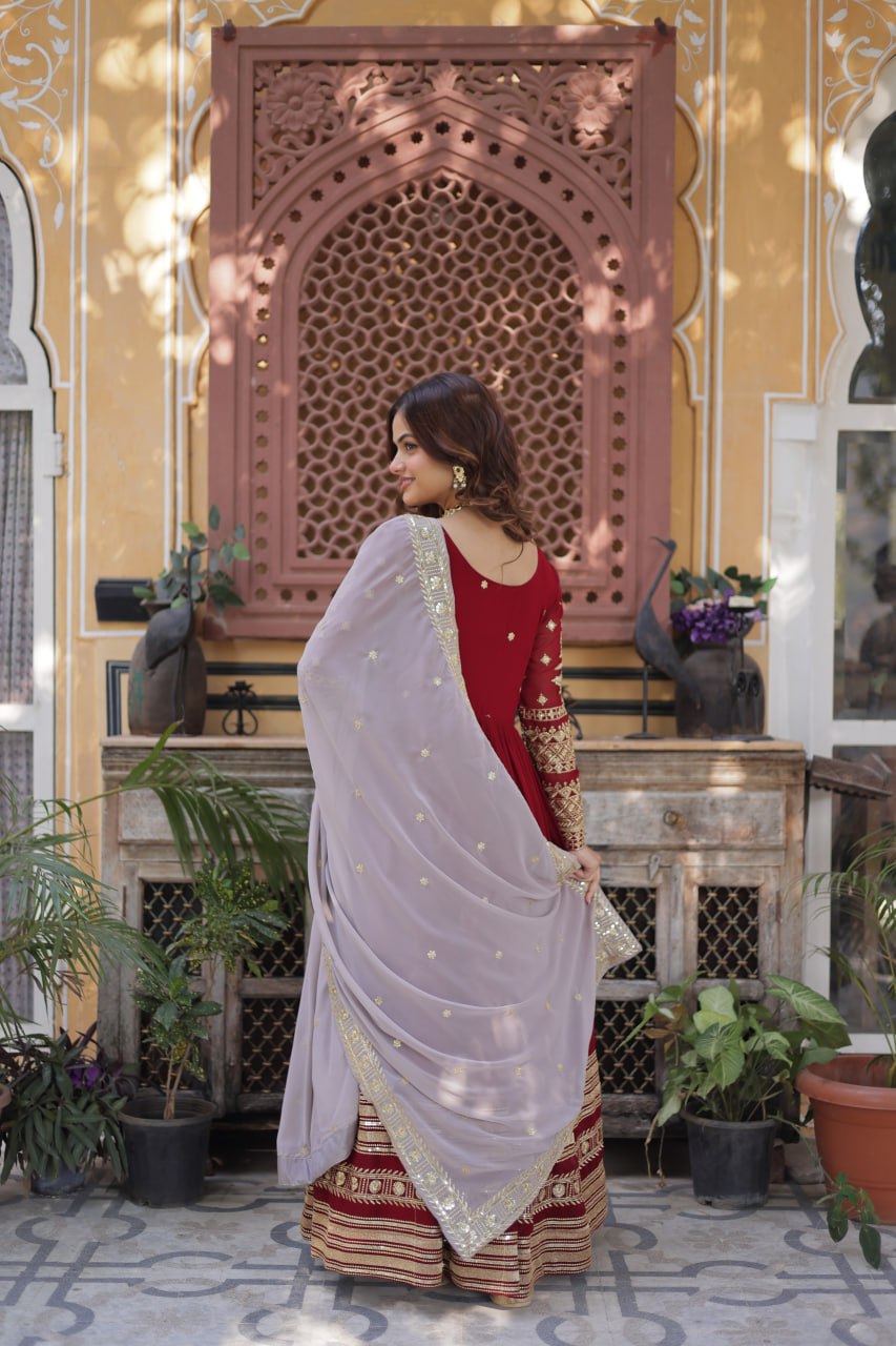 Maroon Premium Designer Readymade Gown with Dupatta – Elegant Embroidery Zari & Sequins Work