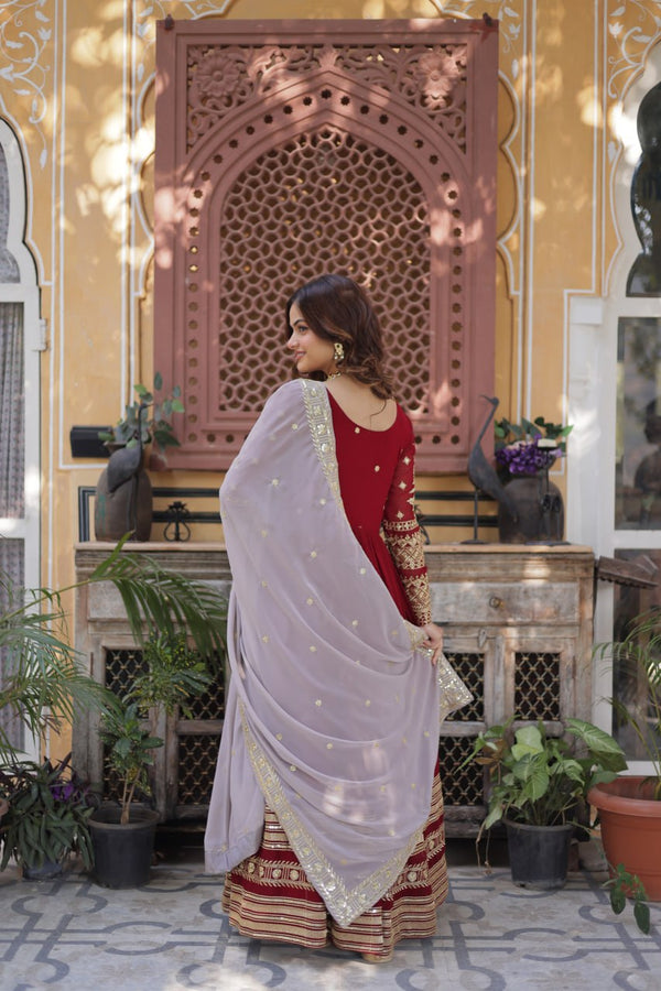 Maroon Premium Designer Readymade Gown with Dupatta – Elegant Embroidery Zari & Sequins Work