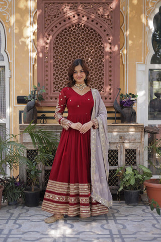 Maroon Premium Designer Readymade Gown with Dupatta – Elegant Embroidery Zari & Sequins Work