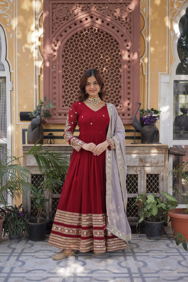 Maroon Premium Designer Readymade Gown with Dupatta – Elegant Embroidery Zari & Sequins Work