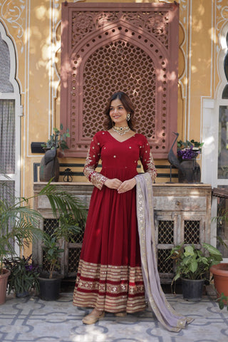 Maroon Premium Designer Readymade Gown with Dupatta – Elegant Embroidery Zari & Sequins Work
