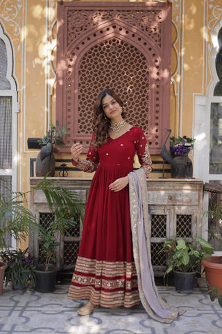 Maroon Premium Designer Readymade Gown with Dupatta – Elegant Embroidery Zari & Sequins Work