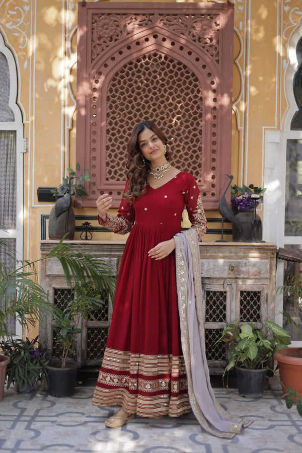 Maroon Premium Designer Readymade Gown with Dupatta – Elegant Embroidery Zari & Sequins Work
