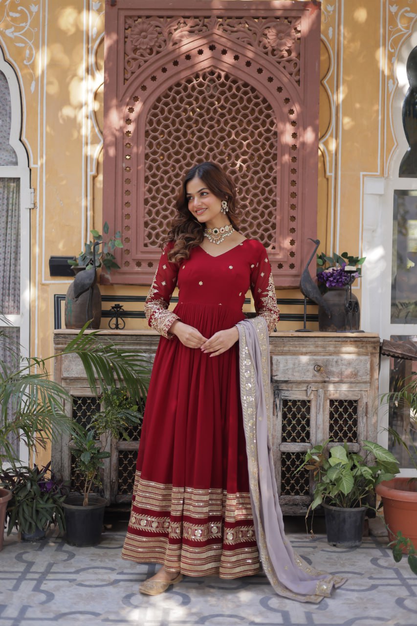 Maroon Premium Designer Readymade Gown with Dupatta – Elegant Embroidery Zari & Sequins Work