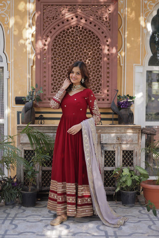 Maroon Premium Designer Readymade Gown with Dupatta – Elegant Embroidery Zari & Sequins Work