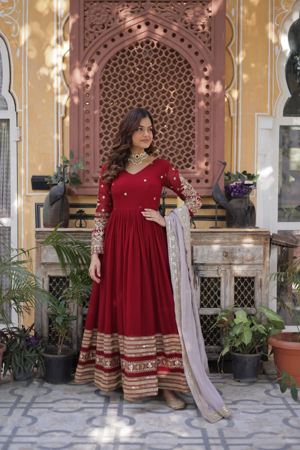 Maroon Premium Designer Readymade Gown with Dupatta – Elegant Embroidery Zari & Sequins Work
