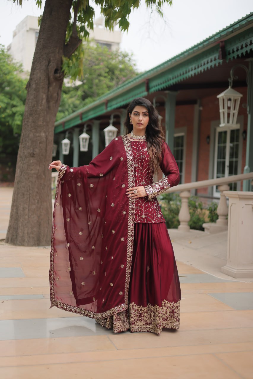 Maroon Premium Designer Readymade Kurti-Plazzo-Dupatta Set Clothsvilla Main image