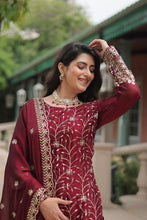 Load image into Gallery viewer, Maroon Premium Designer Readymade Kurti-Plazzo-Dupatta Set Clothsvilla