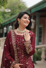 Load image into Gallery viewer, Maroon Premium Designer Readymade Kurti-Plazzo-Dupatta Set Clothsvilla