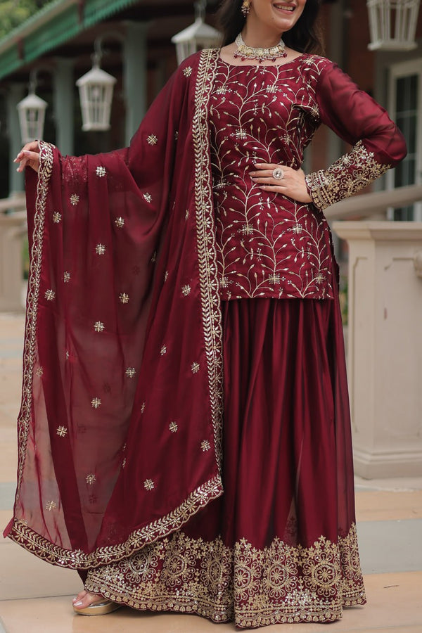 Maroon Premium Designer Readymade Kurti-Plazzo-Dupatta Set Clothsvilla