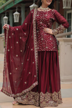 Load image into Gallery viewer, Maroon Premium Designer Readymade Kurti-Plazzo-Dupatta Set Clothsvilla