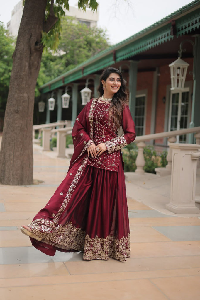 Maroon Premium Designer Readymade Kurti-Plazzo-Dupatta Set Clothsvilla