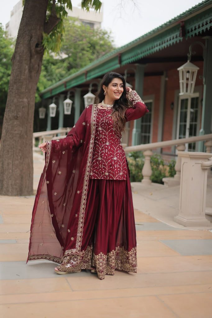 Maroon Premium Designer Readymade Kurti-Plazzo-Dupatta Set Clothsvilla