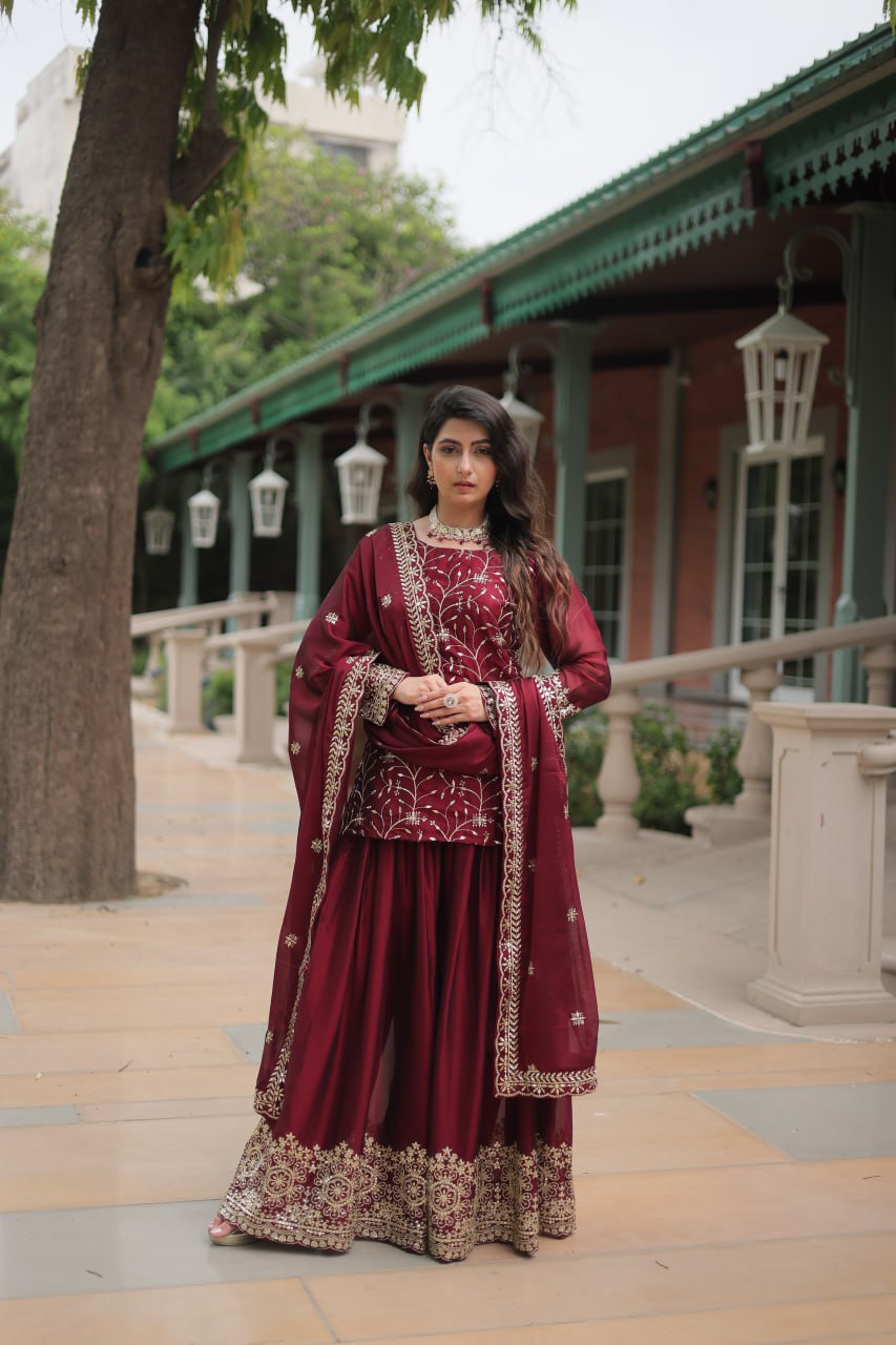 Maroon Premium Designer Readymade Kurti-Plazzo-Dupatta Set Clothsvilla