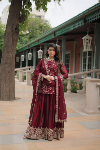 Maroon Premium Designer Readymade Kurti-Plazzo-Dupatta Set Clothsvilla
