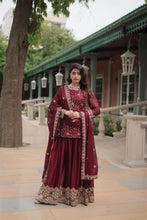 Load image into Gallery viewer, Maroon Premium Designer Readymade Kurti-Plazzo-Dupatta Set Clothsvilla