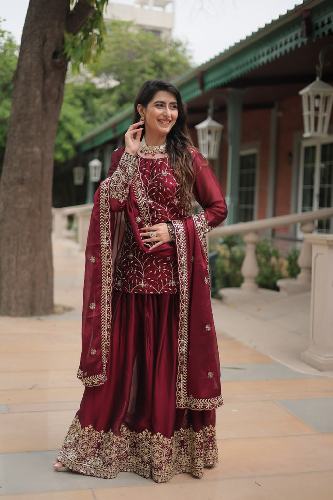 Maroon Premium Designer Readymade Kurti-Plazzo-Dupatta Set Clothsvilla