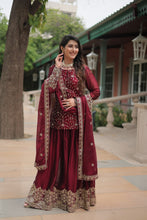 Load image into Gallery viewer, Maroon Premium Designer Readymade Kurti-Plazzo-Dupatta Set Clothsvilla