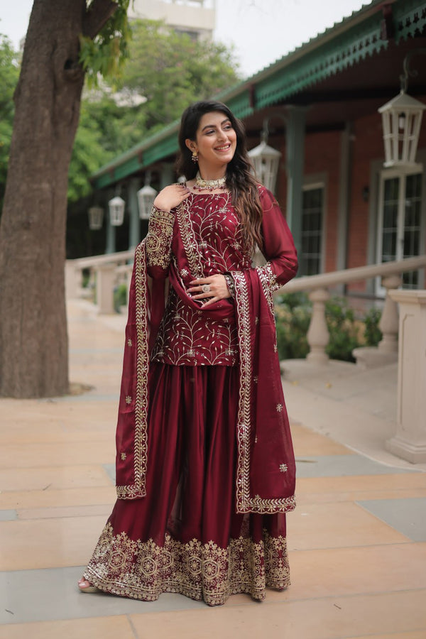 Maroon Premium Designer Readymade Kurti-Plazzo-Dupatta Set Clothsvilla