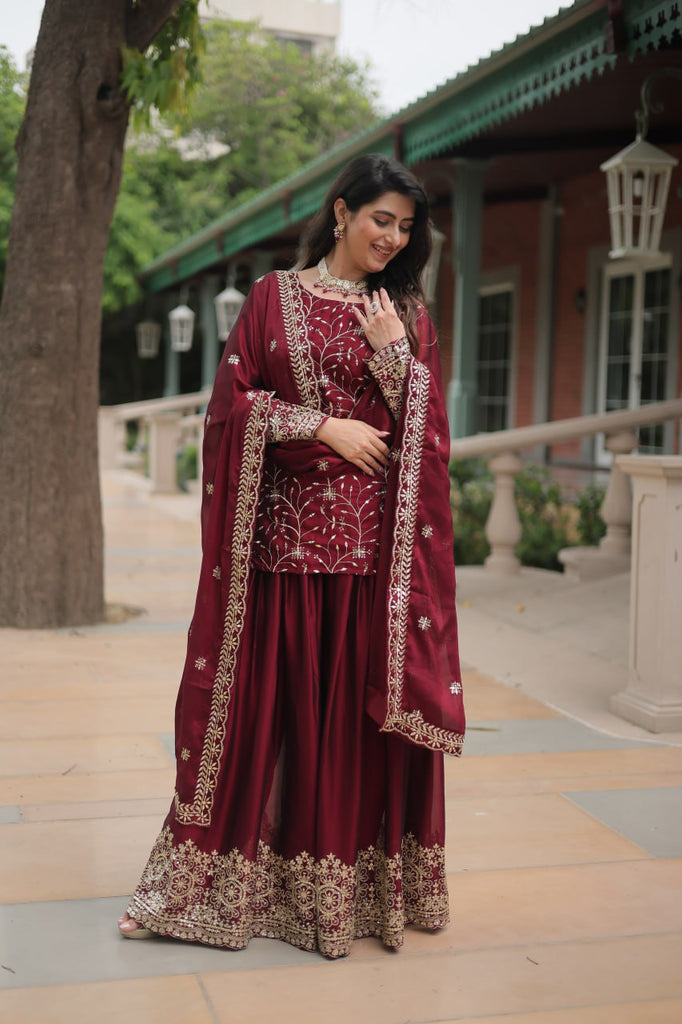 Maroon Premium Designer Readymade Kurti-Plazzo-Dupatta Set Clothsvilla