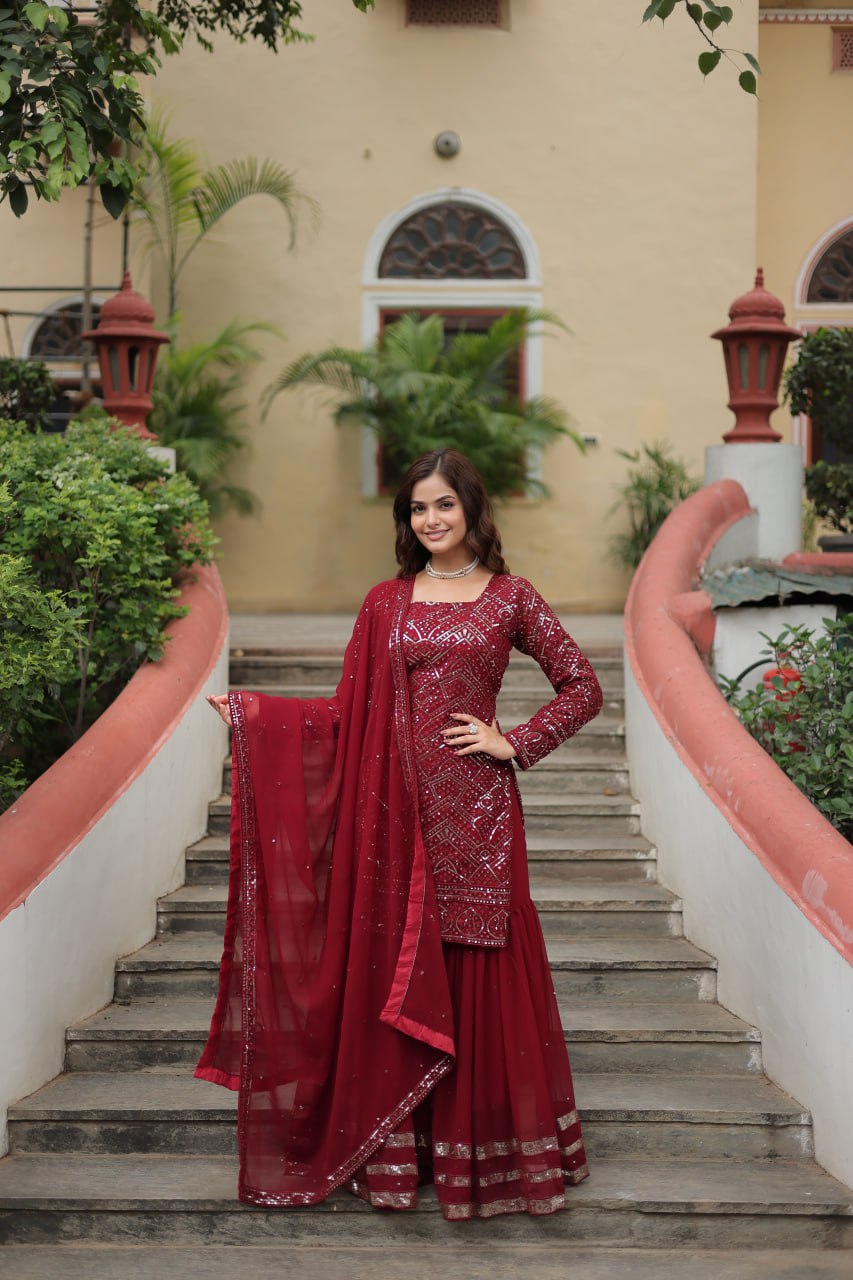 Maroon Premium Designer Readymade Sharara Suit with Dupatta - Elegant & Stylish Clothsvilla Main image