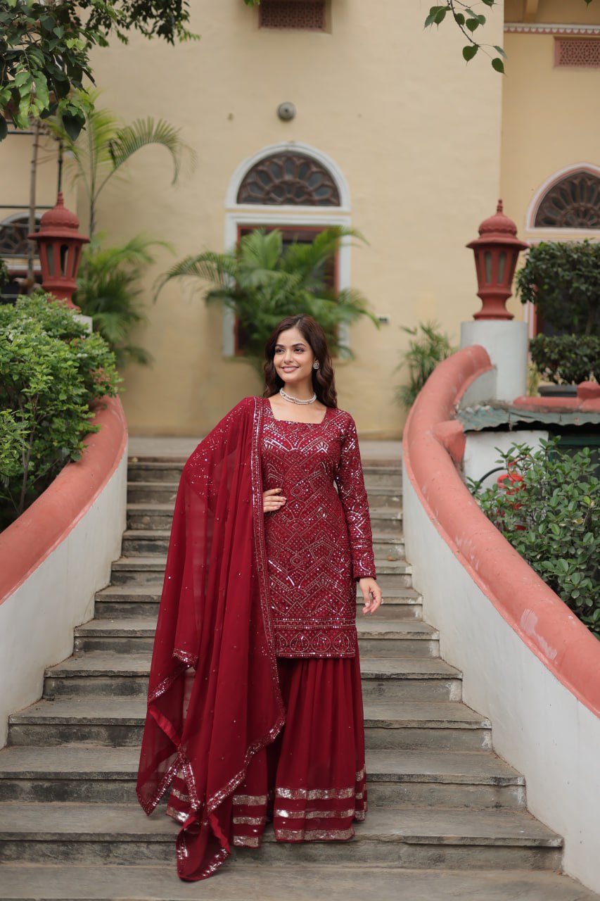 Maroon Premium Designer Readymade Sharara Suit with Dupatta - Elegant & Stylish Secondary image