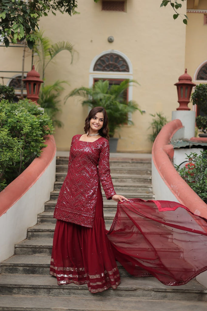 Maroon Premium Designer Readymade Sharara Suit with Dupatta - Elegant & Stylish Clothsvilla